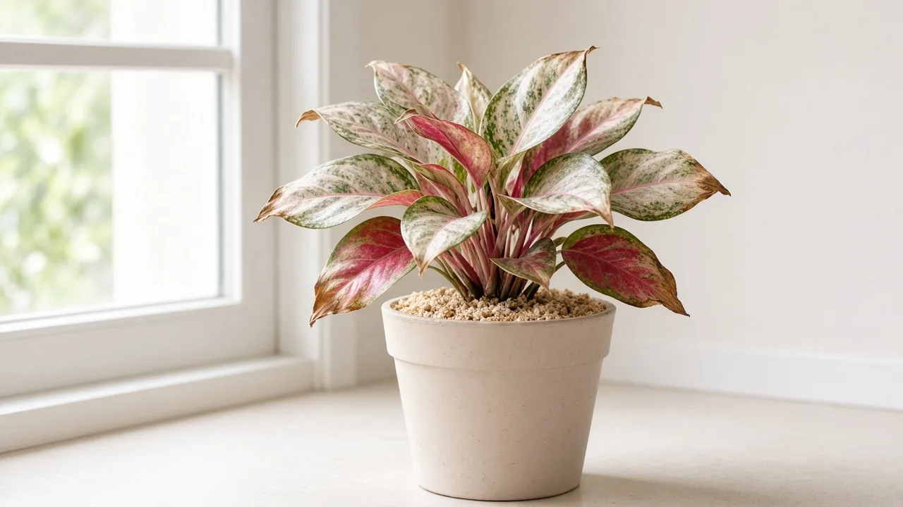 Underwatering on Aglaonema Super White - cupped firm broad variegated leaves with crisp brown tips on a light dry pot with pale crumbly mix