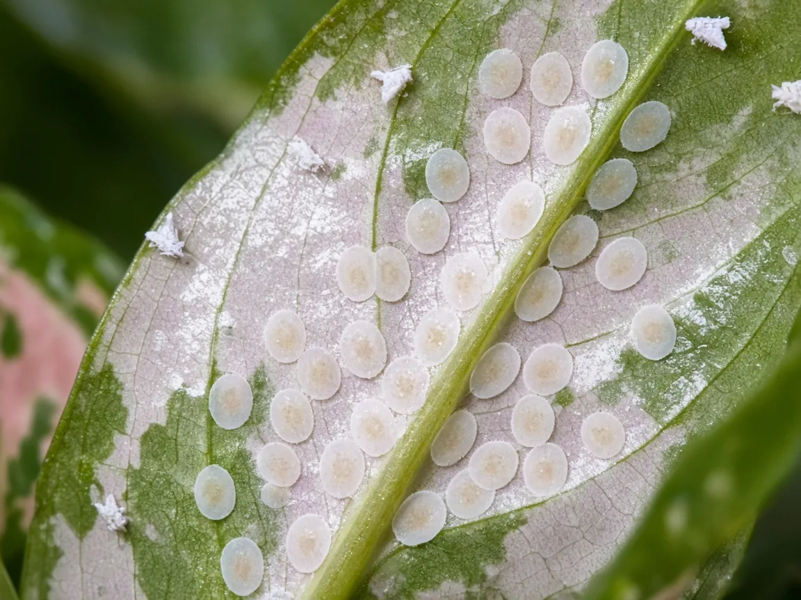 Close-up of whitefly nymph disks on the underside of a broad rosy-white variegated Aglaonema Super White leaf