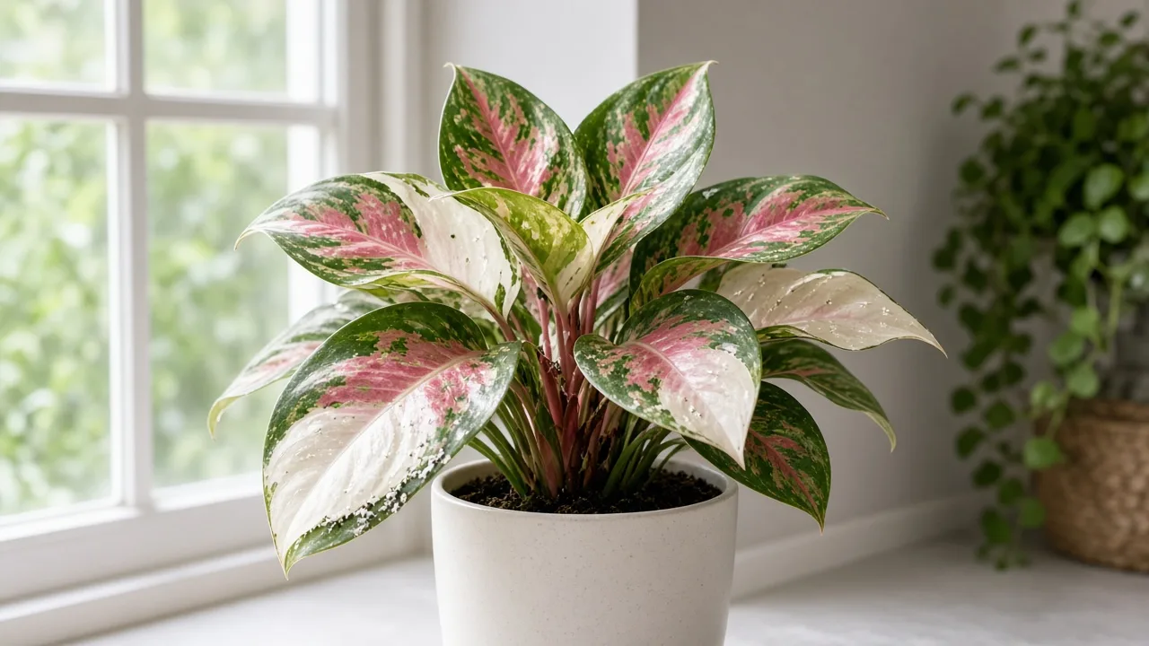 Whiteflies on Aglaonema Super White - tiny white insects on broad rosy-white variegated leaf undersides