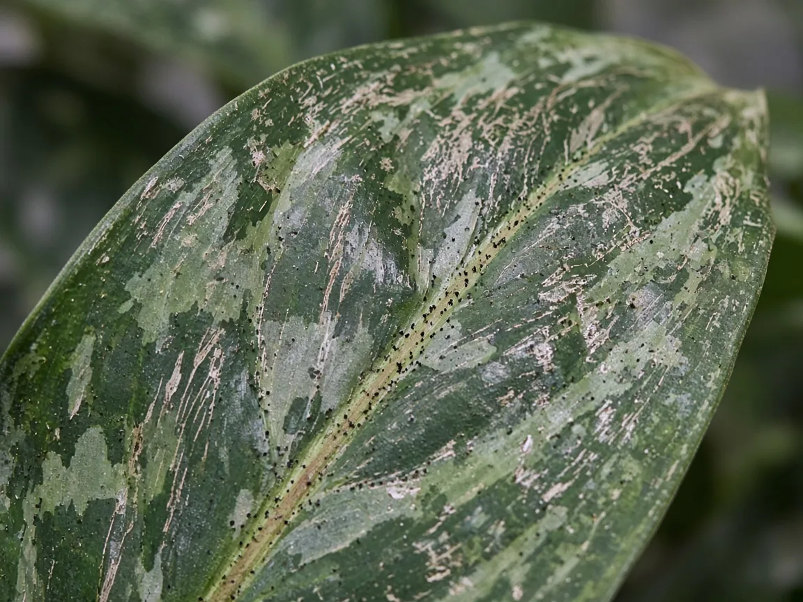 Close-up of thrips damage on Aglaonema - silvery streaks and black frass on a variegated Chinese evergreen lance leaf