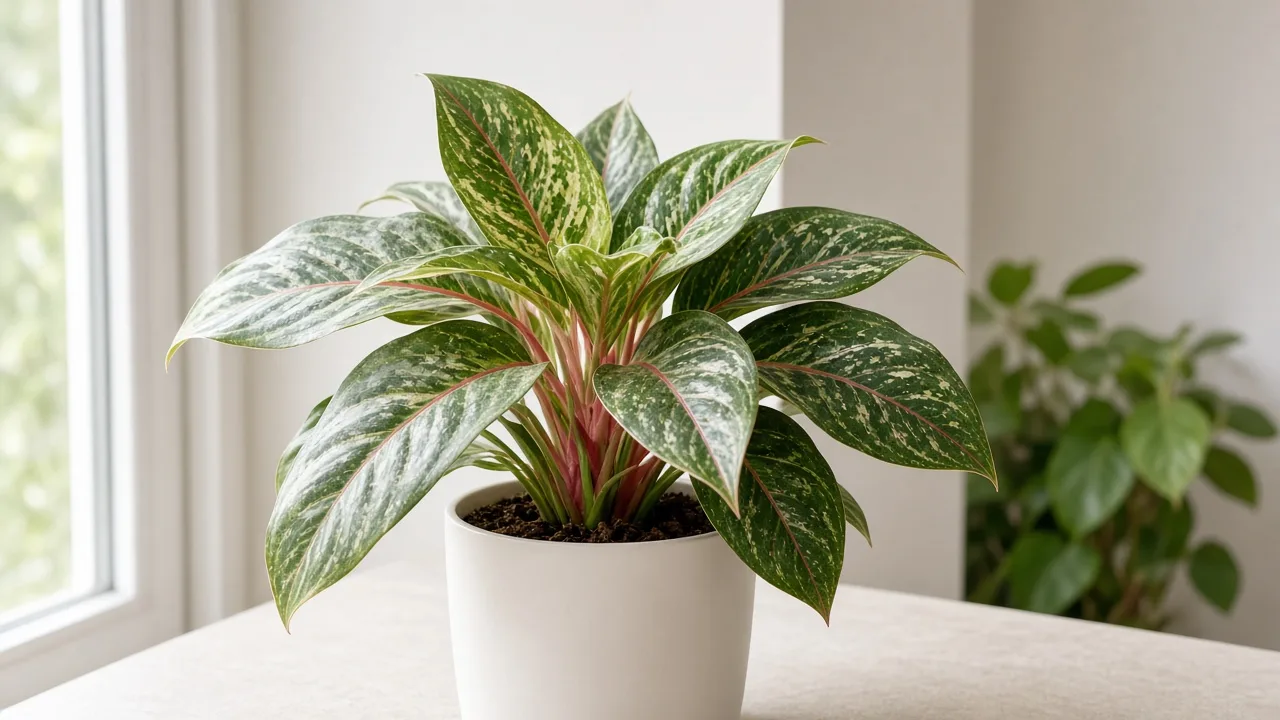 Thrips on Aglaonema - silvery streaks on variegated Chinese evergreen lance leaves
