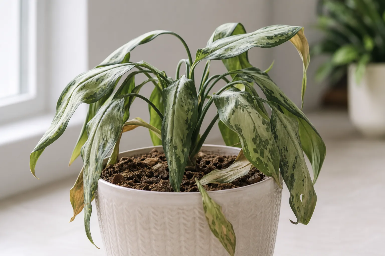 Underwatering on Aglaonema - visible symptom on the plant
