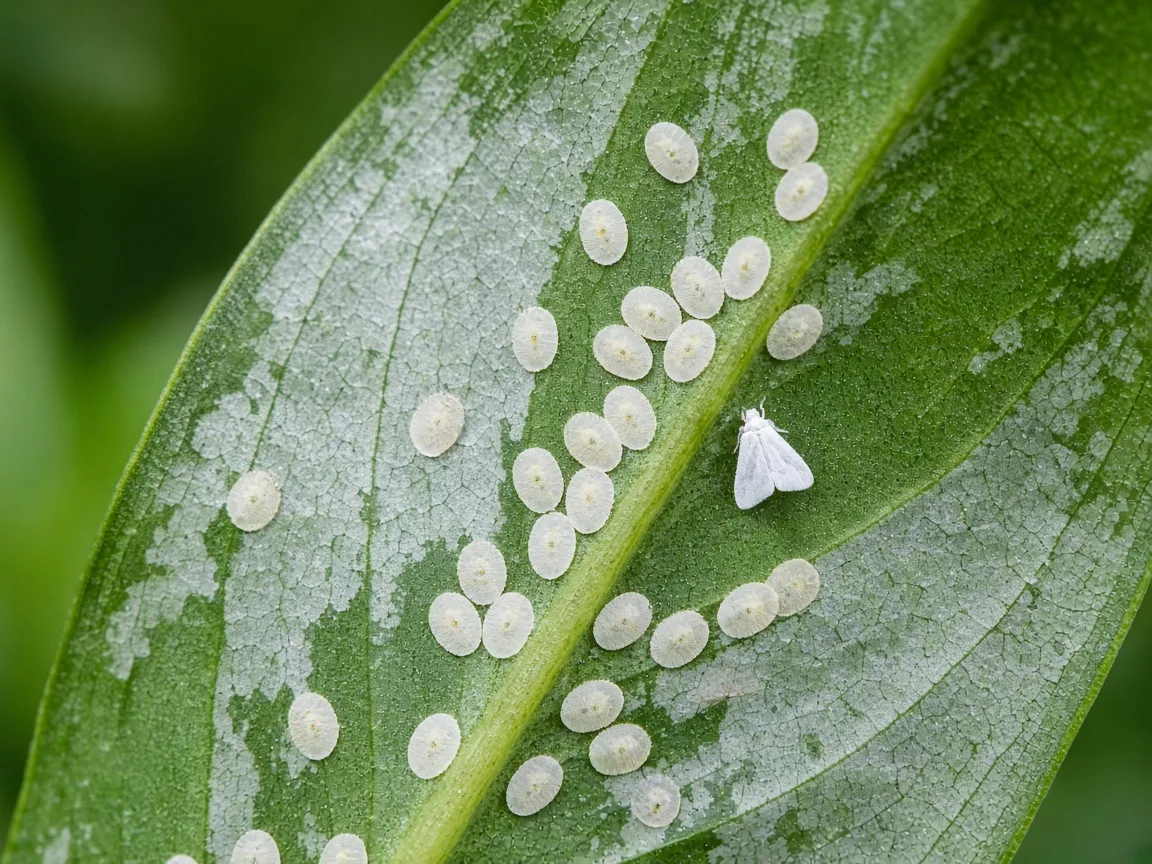 Close-up of whitefly nymph disks on the underside of an Aglaonema lance leaf