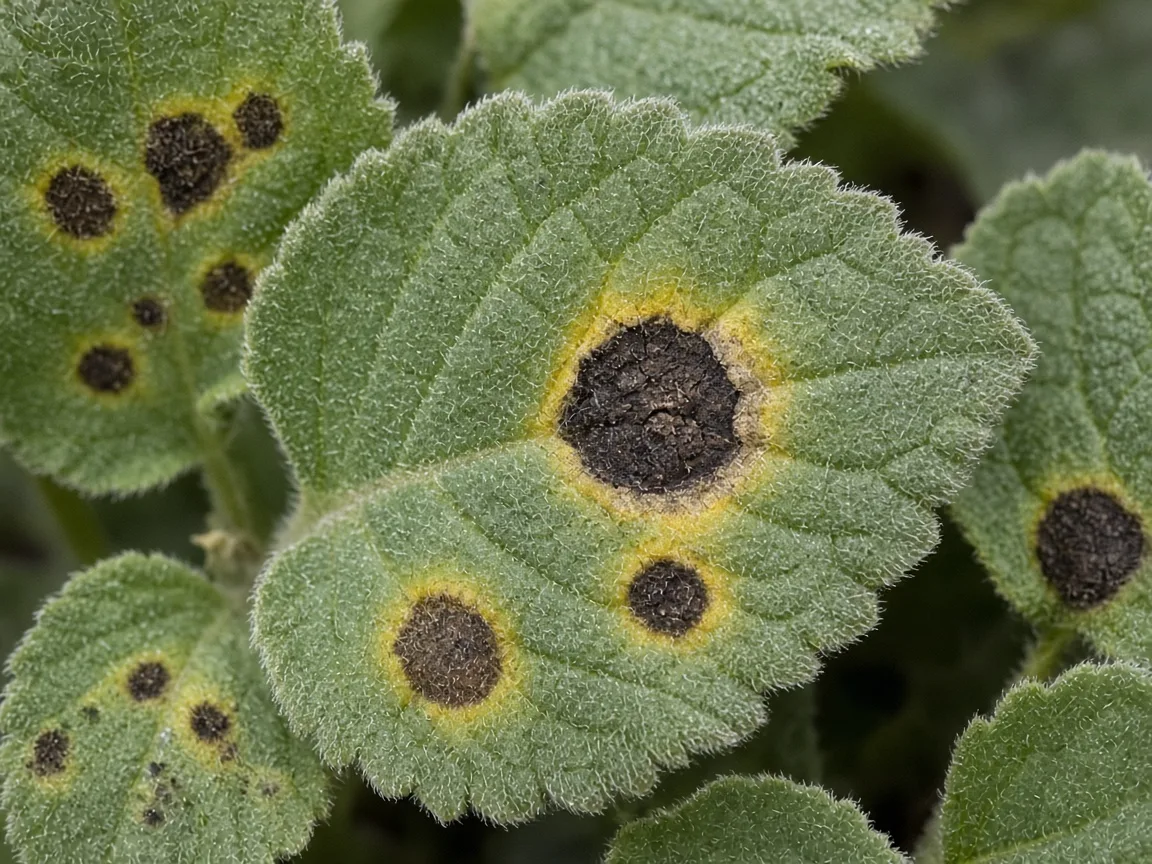 Close-up of black spots on ajwain plant fuzzy leaves