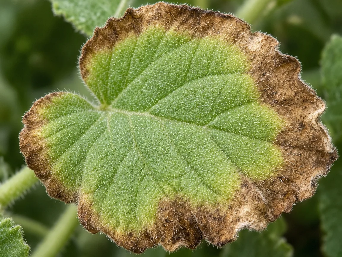 Close-up of brown crispy margins on ajwain plant fuzzy leaves