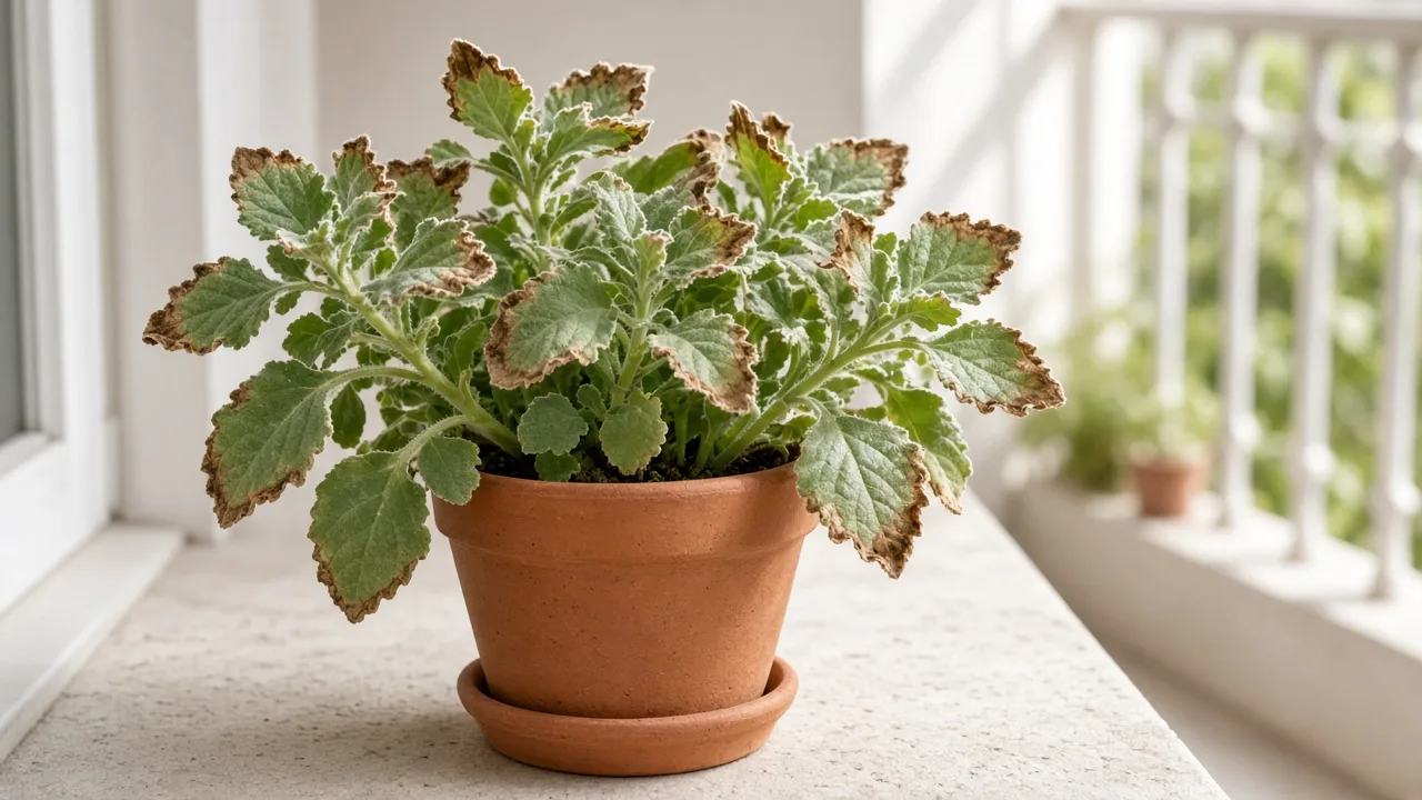 Brown Leaves on Ajwain Plant - tan crispy margins on fuzzy Indian borage foliage
