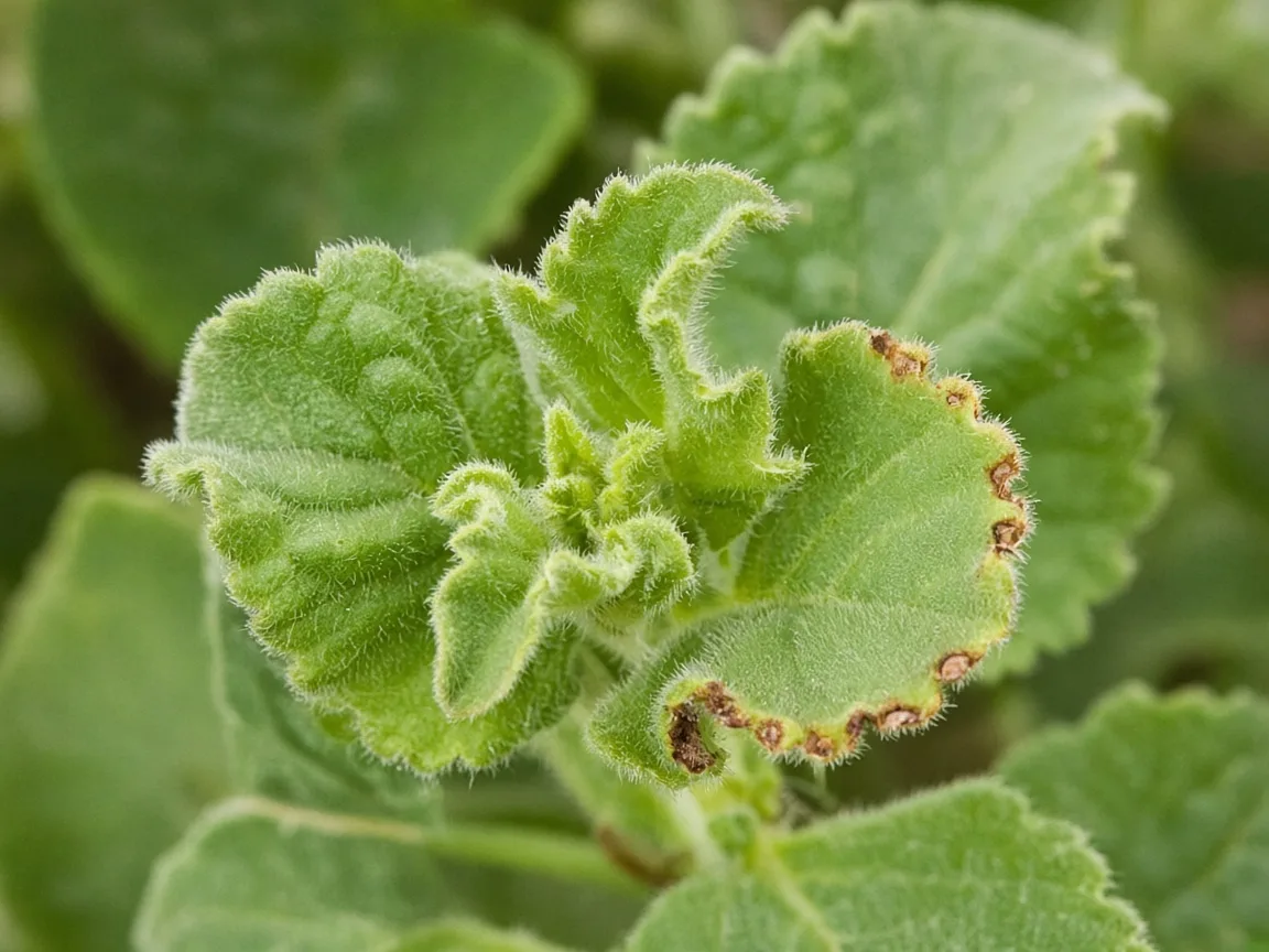 Close-up of cupped hooked new ajwain shoot tip with margin burn