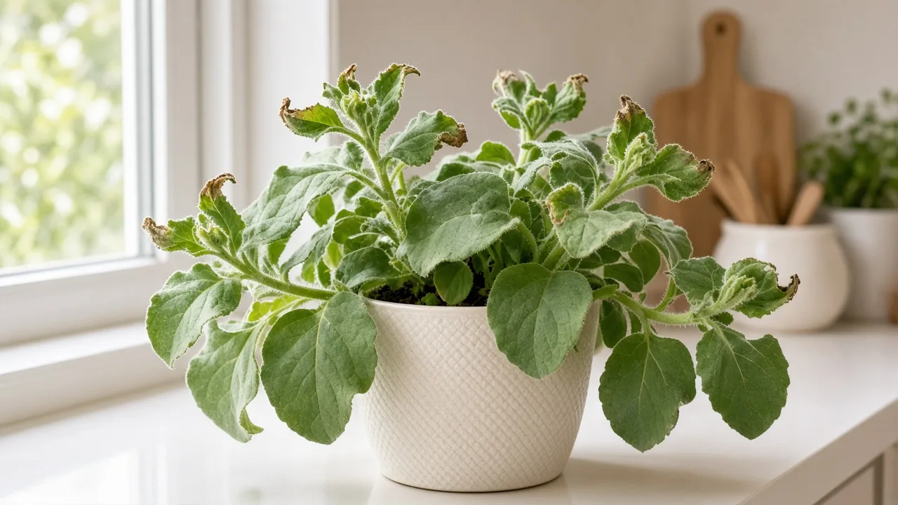 Calcium deficiency on ajwain plant - cupped hooked new shoot tips on Indian borage