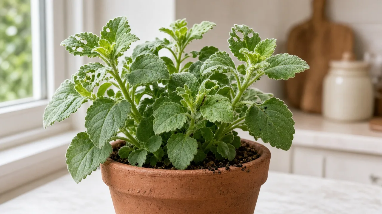 Caterpillars on Ajwain Plant - ragged holes and frass on fuzzy Indian Borage leaves