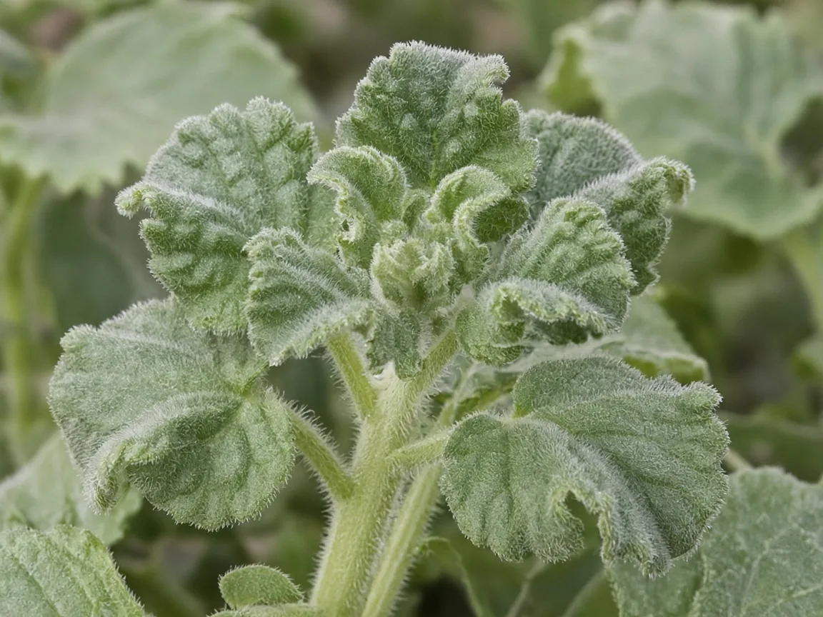 Close-up of distorted leaves on ajwain plant fuzzy tips