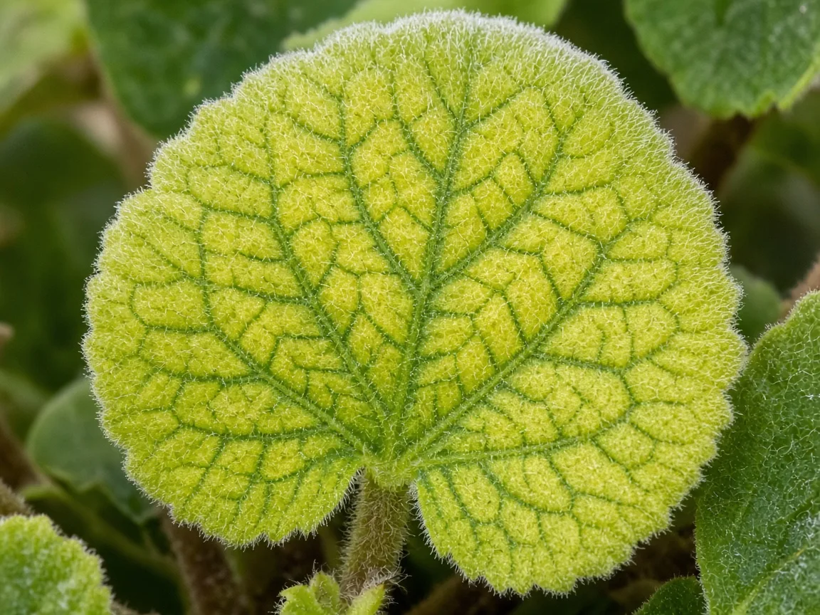 Close-up of iron deficiency on ajwain plant - interveinal chlorosis on a fuzzy new leaf with green veins