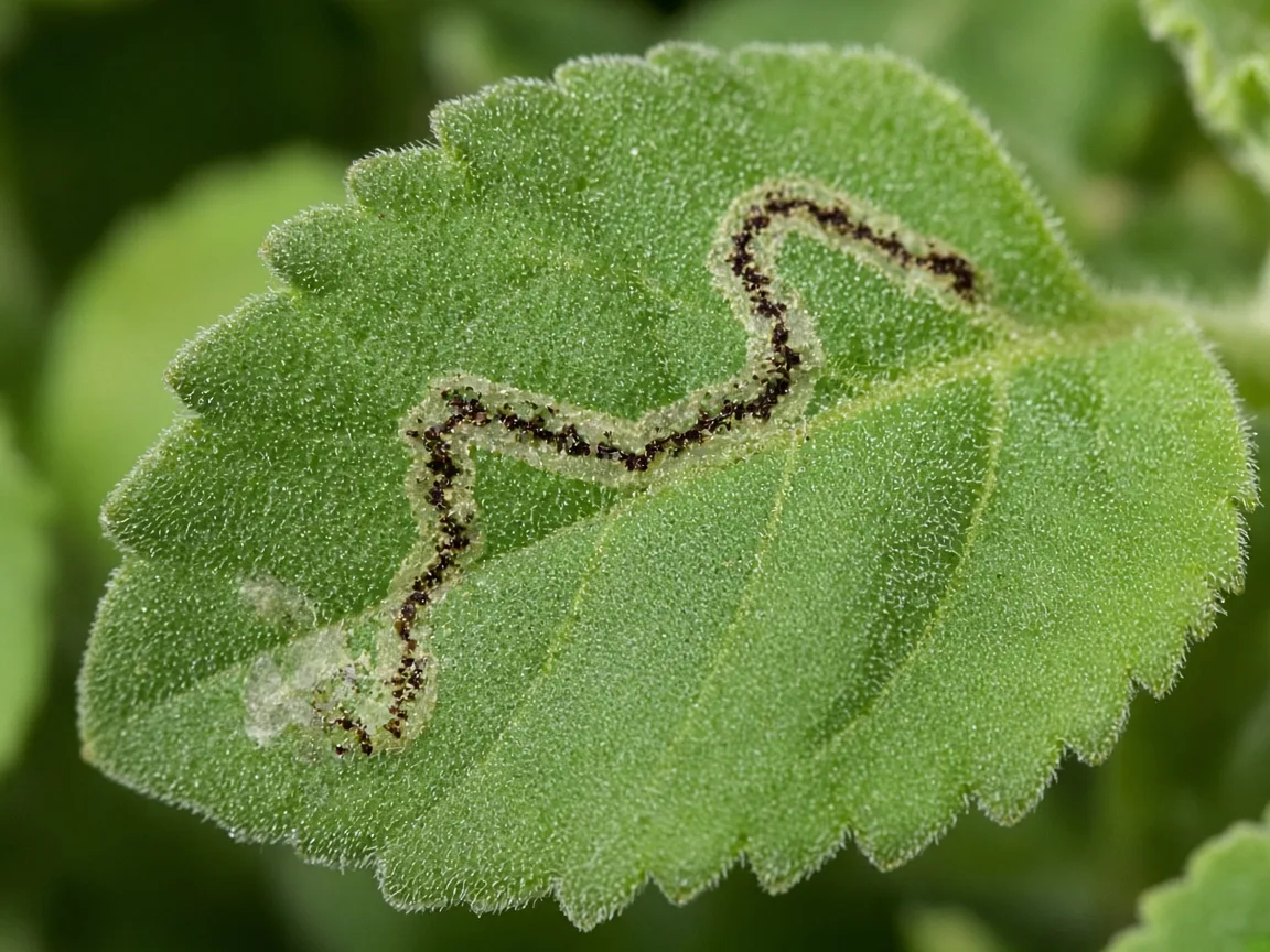 Close-up of leaf miner serpentine tunnel inside thick velvety ajwain plant leaf