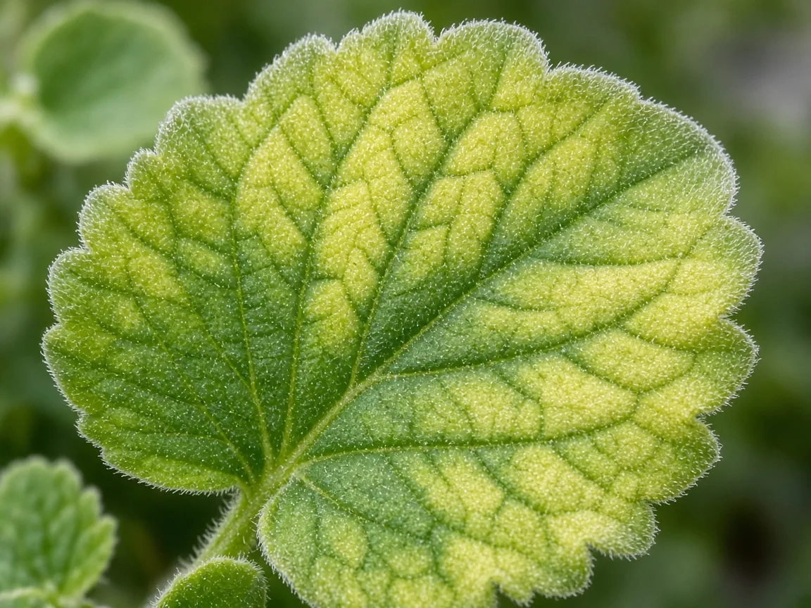 Close-up of interveinal chlorosis on older ajwain fuzzy leaf