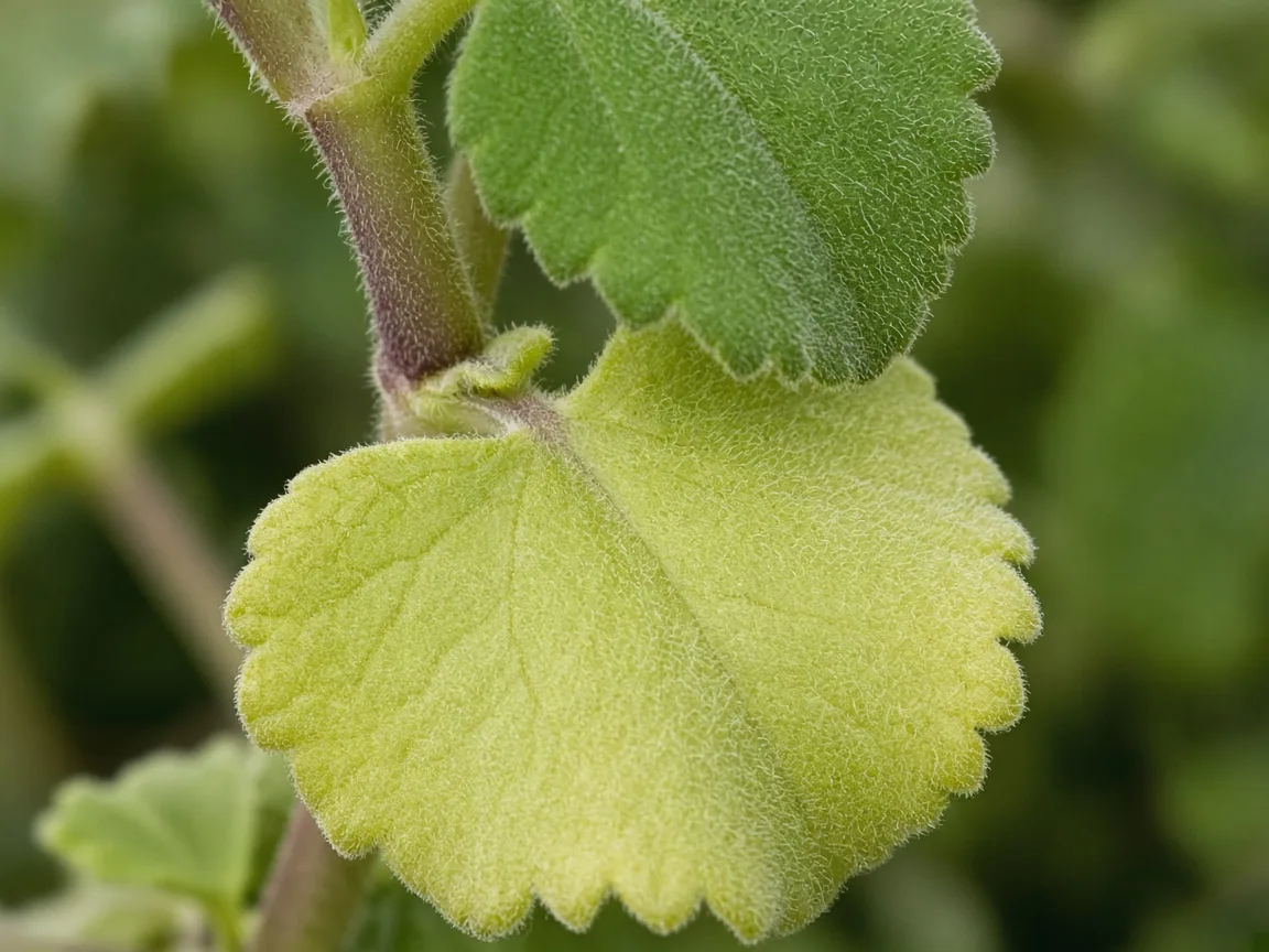 Close-up of pale oldest lower Ajwain fuzzy leaf with faded green color along a square stem