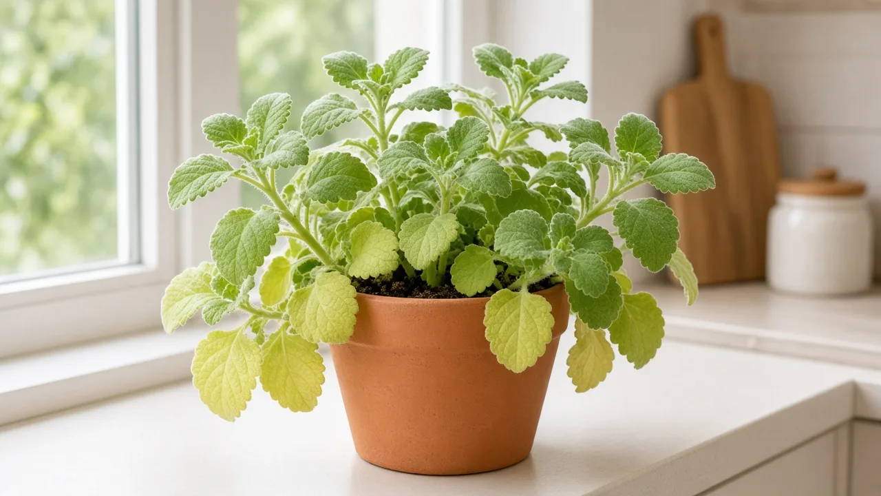 Nitrogen deficiency on Ajwain Plant - pale oldest lower fuzzy leaves on sprawling square stems