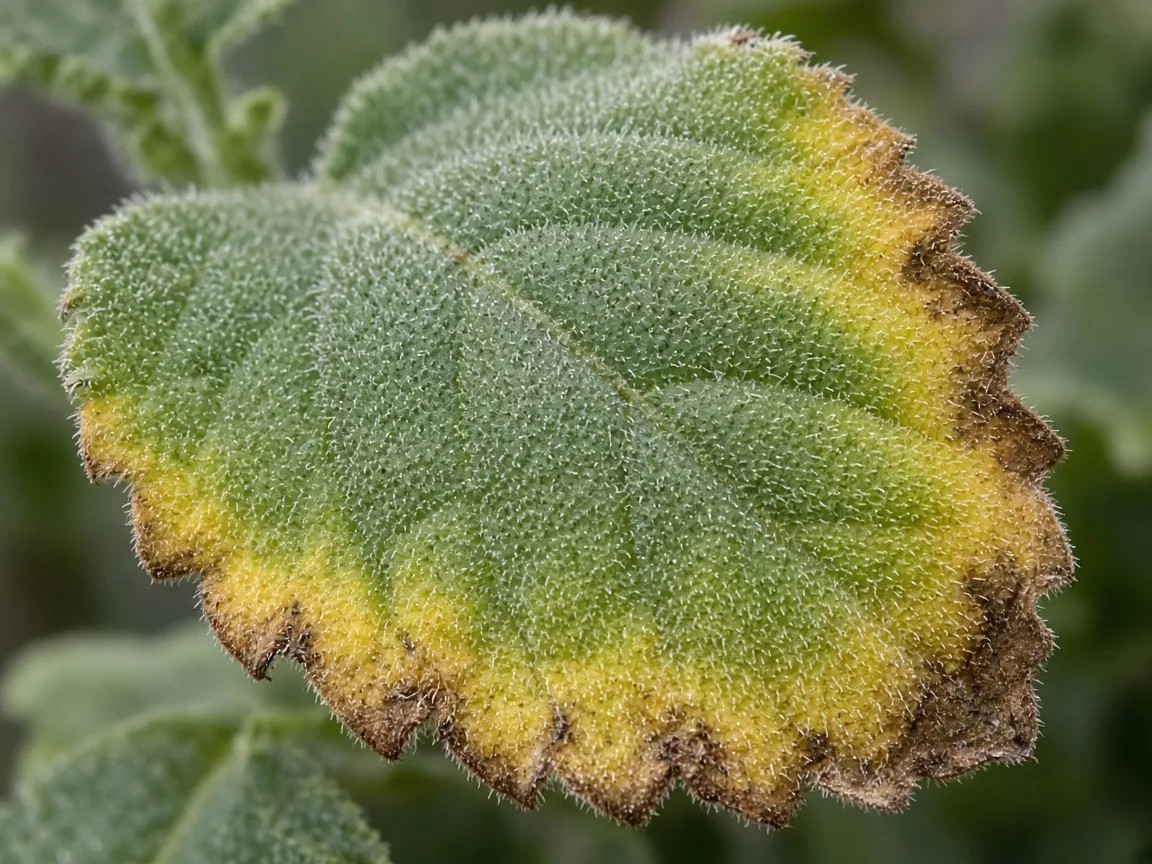 Close-up of potassium deficiency on ajwain plant - scorched margins on older fuzzy leaf