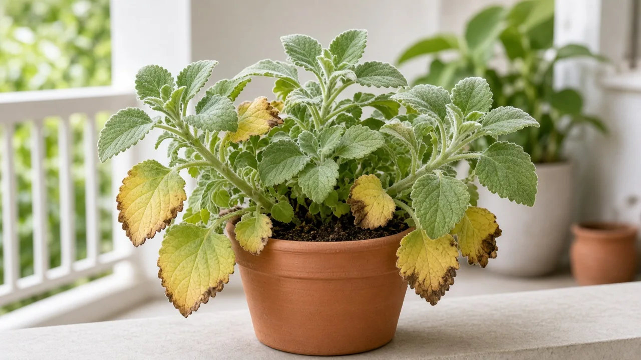 Potassium deficiency on Ajwain Plant - scorched margins on older fuzzy Indian borage leaves