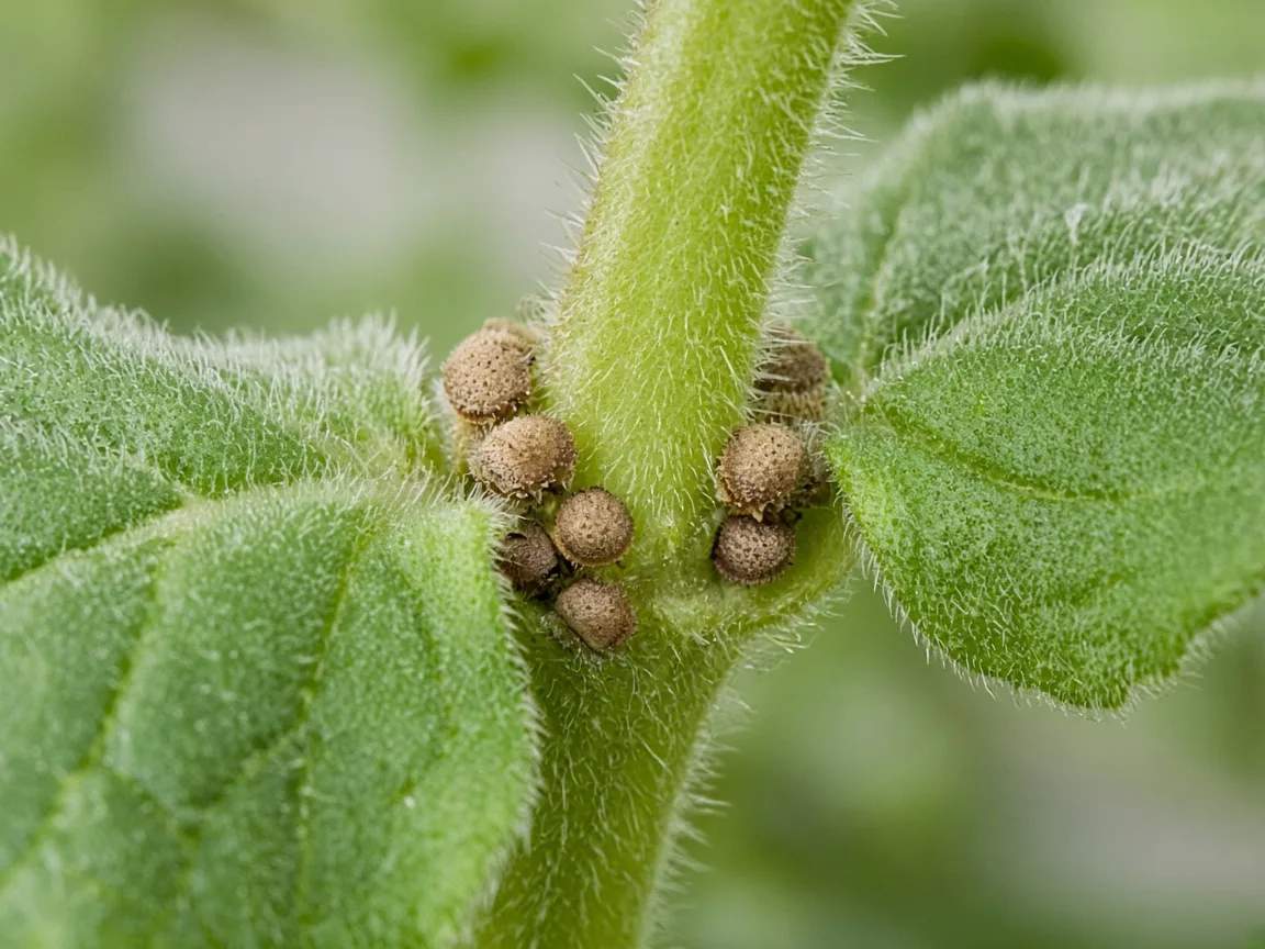 Close-up of tan scale insect bumps along a square Ajwain stem where opposite fuzzy leaves meet