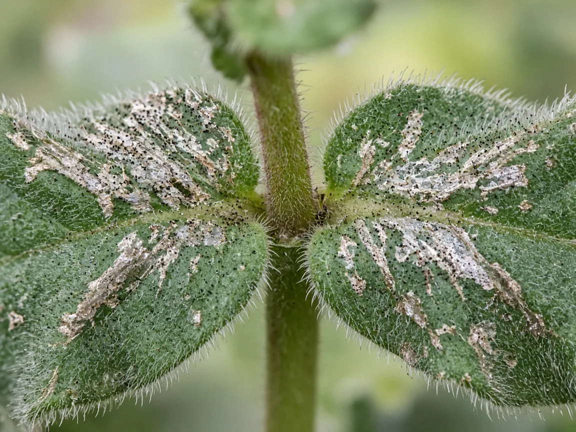 Close-up of thrips damage on Ajwain Plant - silvery streaks and black frass on fuzzy leaf pairs