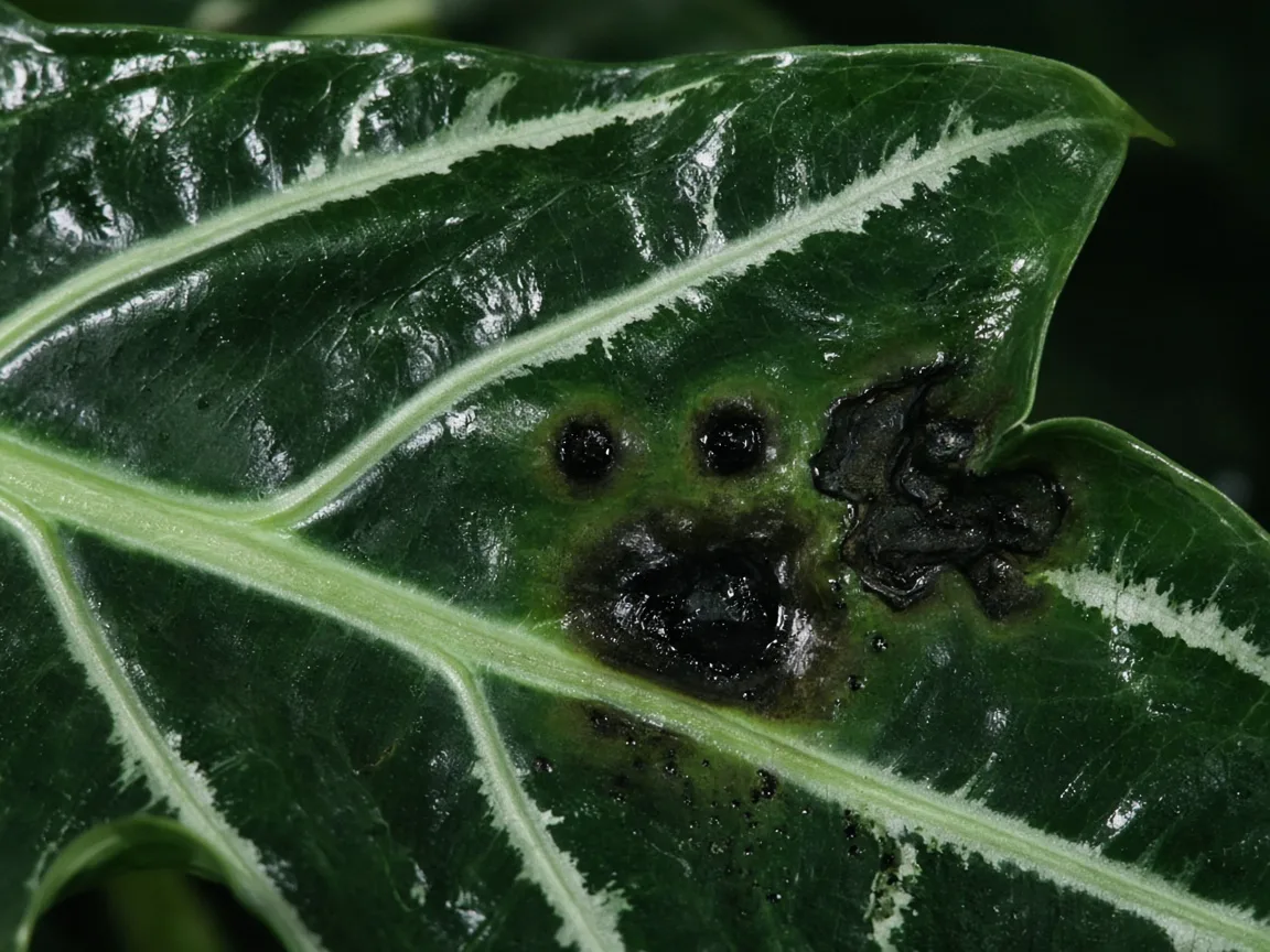 Close-up of black spots on Alocasia Amazonica - water-soaked dark lesion on arrow blade