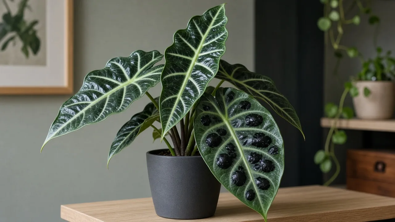Black spots on Alocasia Amazonica - dark lesions on glossy arrow blade with pale veins