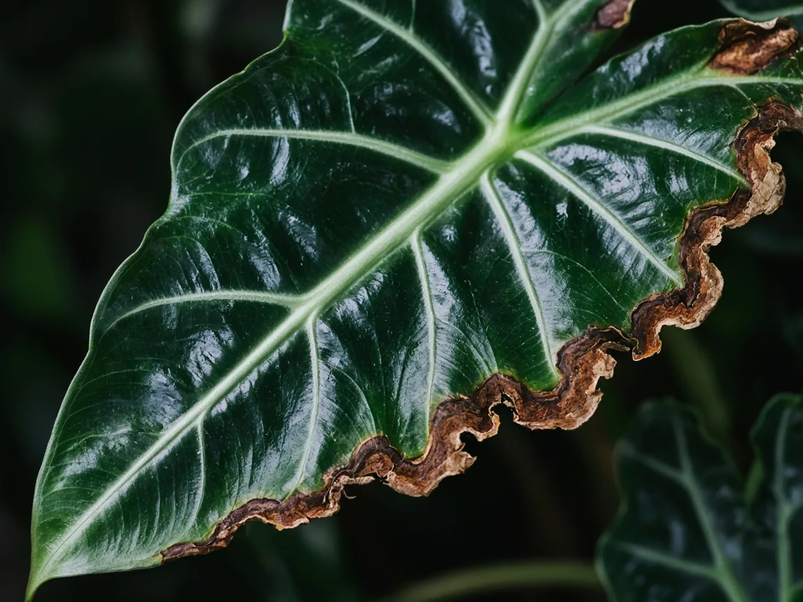 Close-up of brown leaves on Alocasia Amazonica - crispy brown margin on glossy arrow blade