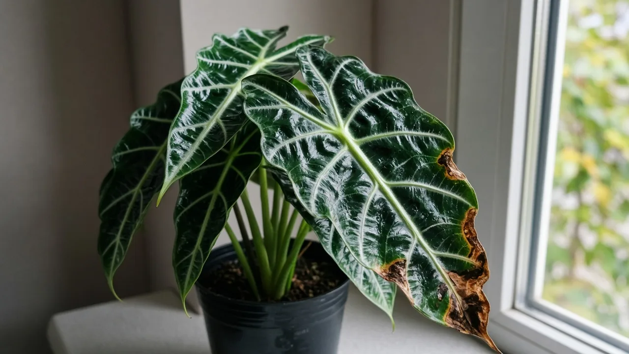Brown leaves on Alocasia Amazonica - crispy necrotic margins on dark arrow blade