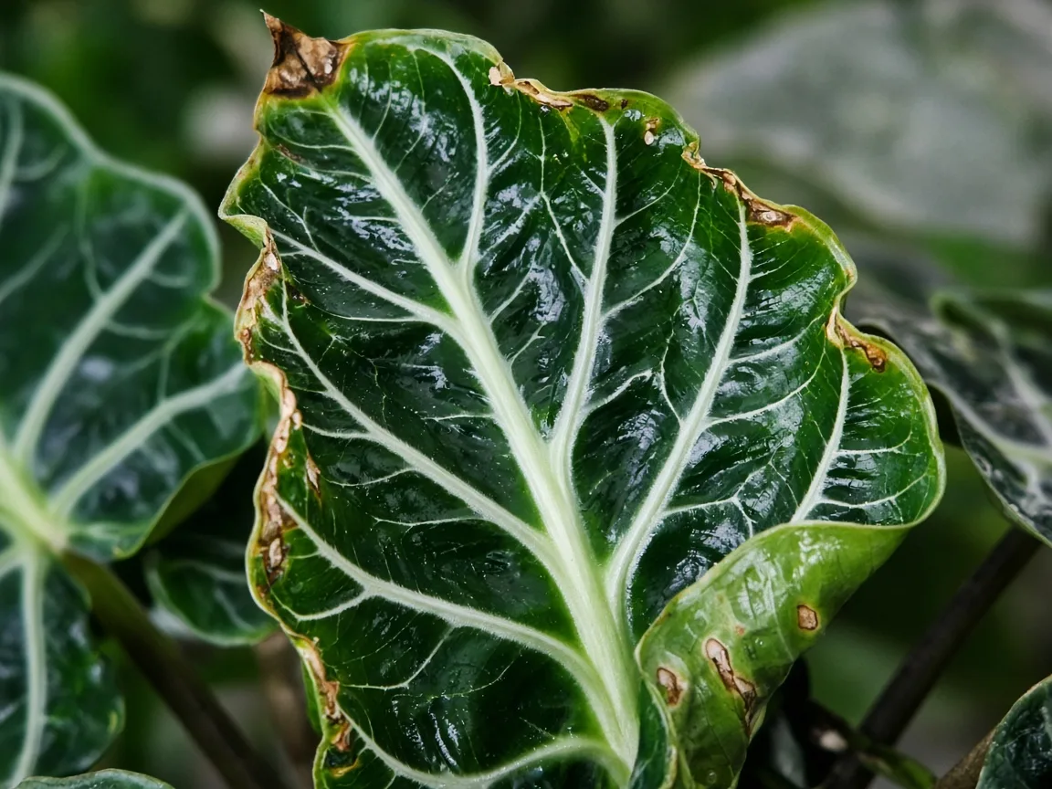 Close-up of cupped margin-burned new Amazonica crown arrow leaf