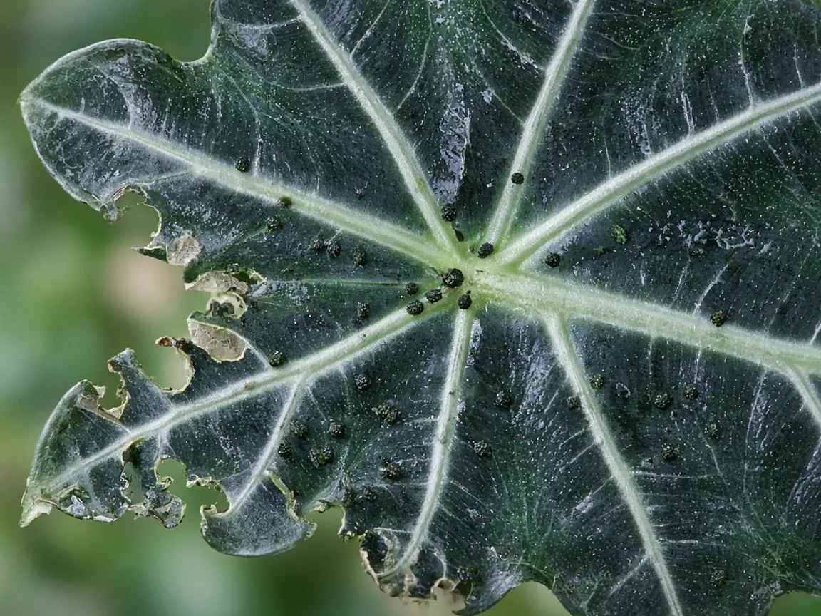 Close-up of caterpillar damage on Alocasia Amazonica - irregular chewed notches on dark glossy arrowhead leaf with dark frass pellets