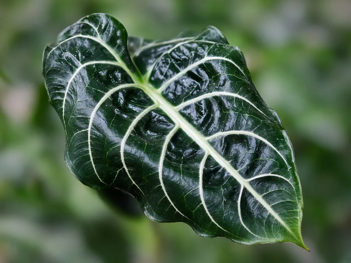 Close-up of curling leaves on Alocasia Amazonica - cupped dark arrow blade with pale veins
