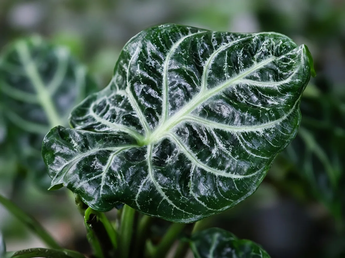 Close-up of distorted leaves on Alocasia Amazonica - twisted puckered arrow blade with pale vein scarring