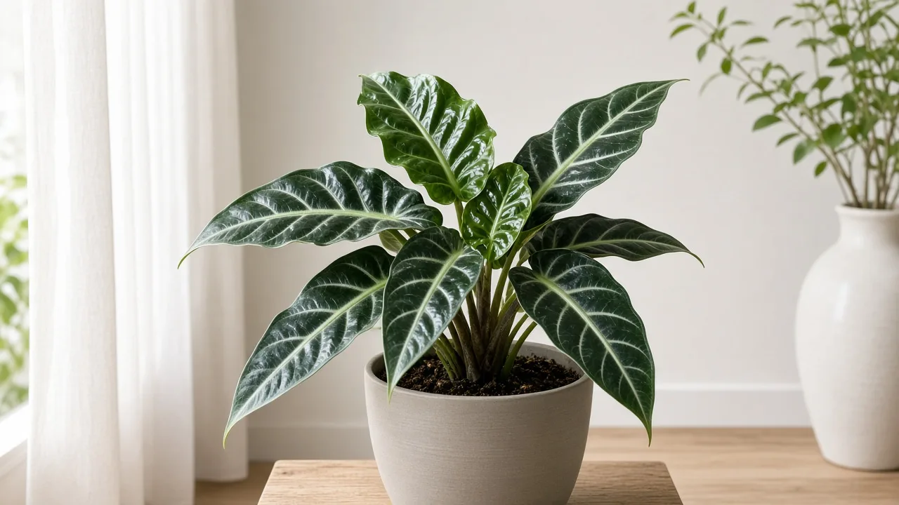 Distorted Leaves on Alocasia Amazonica - twisted dark glossy arrow foliage with pale veins