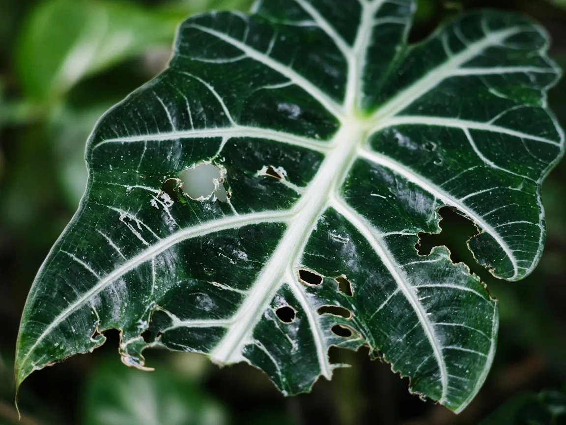 Close-up of holes in leaves on Alocasia Amazonica - irregular chew marks on dark arrow-shaped leaf with white veining