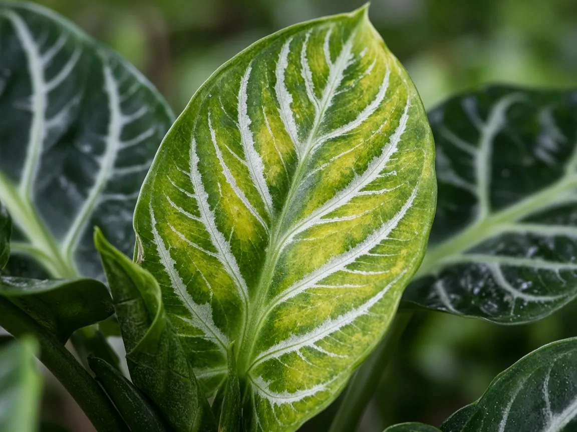 Close-up of interveinal chlorosis on new Alocasia Amazonica arrow leaf