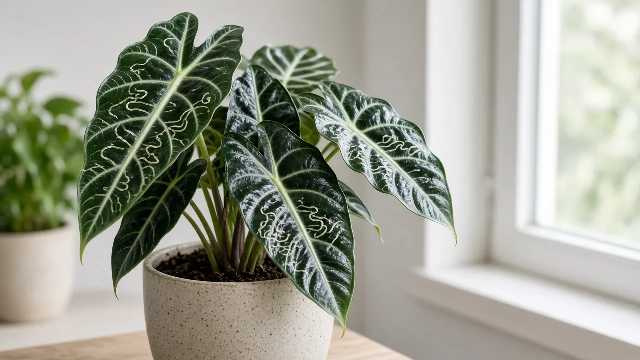 Leaf Miners on Alocasia Amazonica - visible symptom on the plant