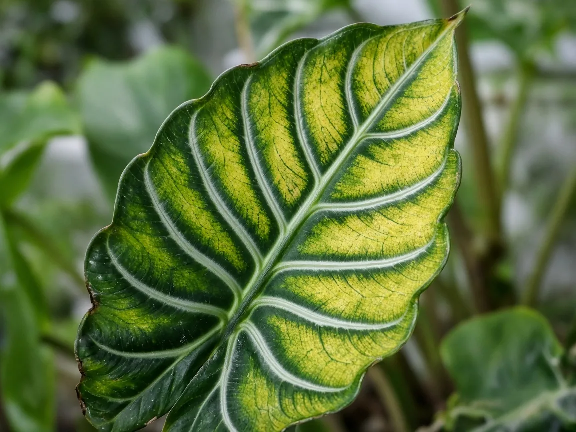 Close-up of magnesium deficiency on Alocasia Amazonica - interveinal chlorosis on older arrow leaf