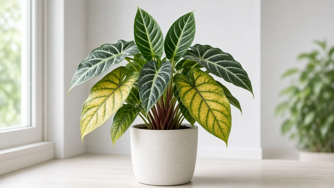 Magnesium deficiency on Alocasia Amazonica - yellow between green veins on older arrow leaf