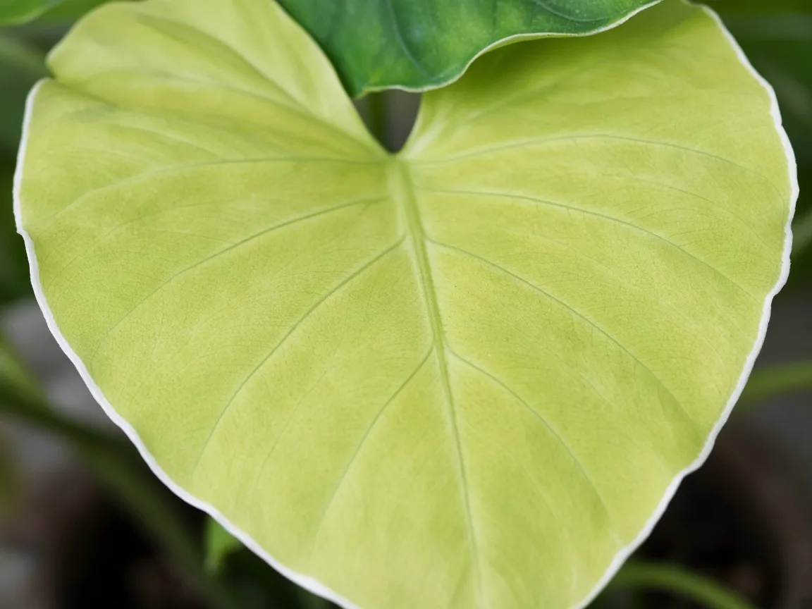 Close-up of pale oldest lower Alocasia Amazonica arrow leaf with faded dark veining