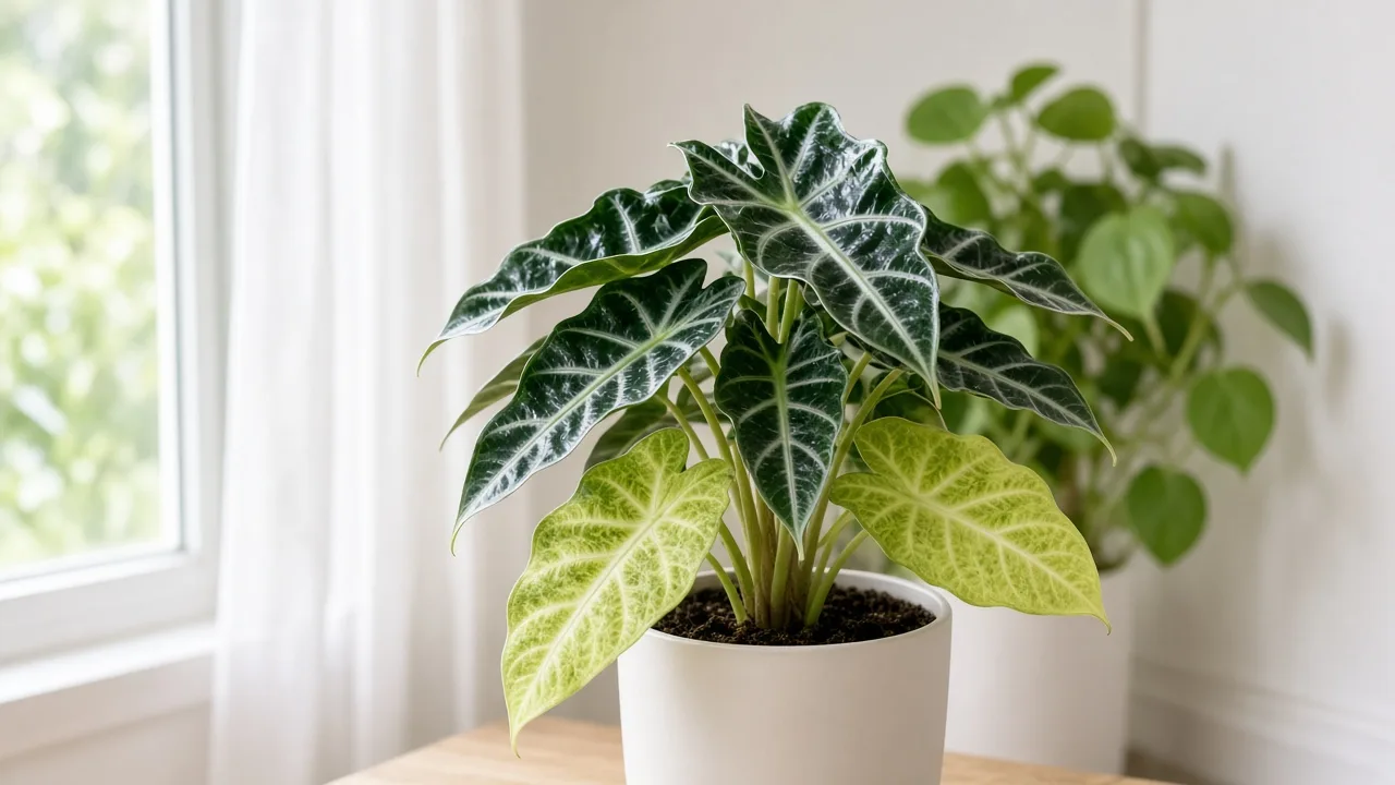 Nitrogen deficiency on Alocasia Amazonica - pale oldest lower arrow leaves on an African Mask plant