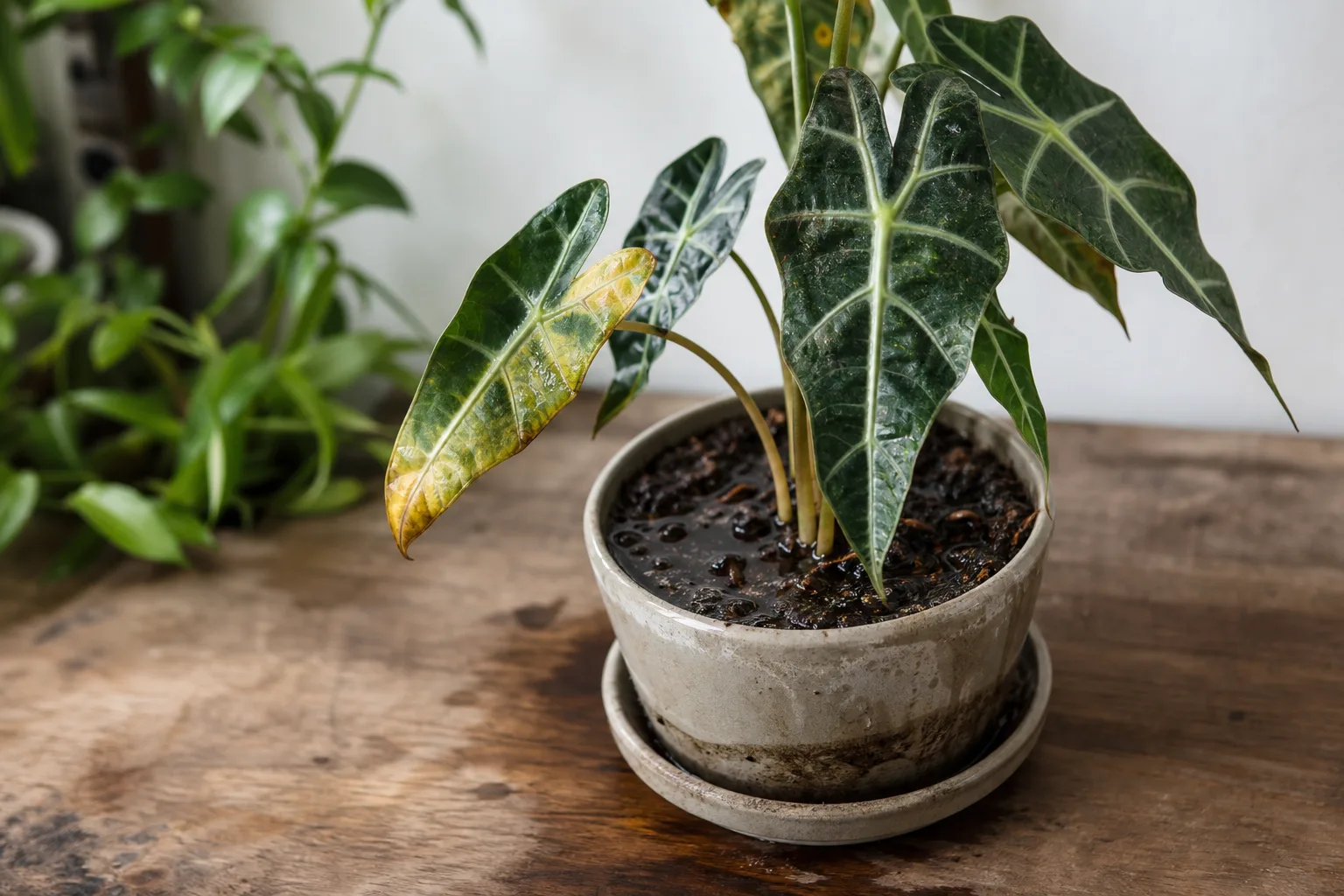 Overwatering on Alocasia Amazonica - visible symptom on the plant