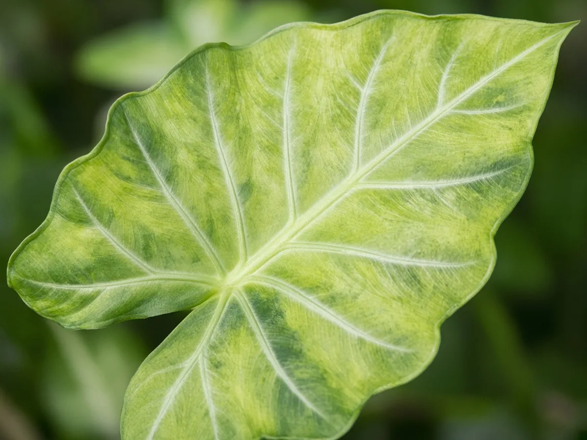 Close-up of washed-out pale color on Alocasia Amazonica arrow leaf