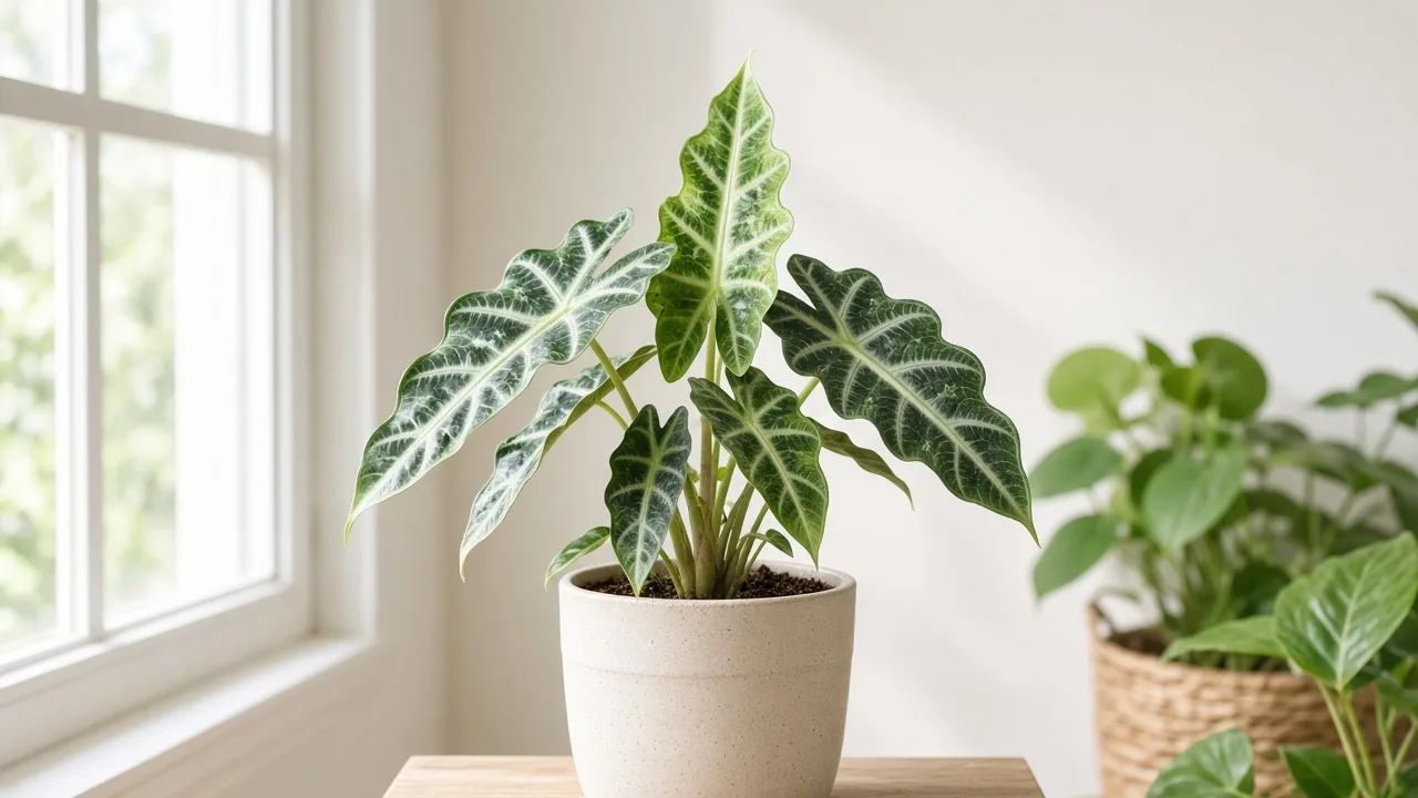 Pale Leaves on Alocasia Amazonica - washed-out arrow foliage with faded vein contrast