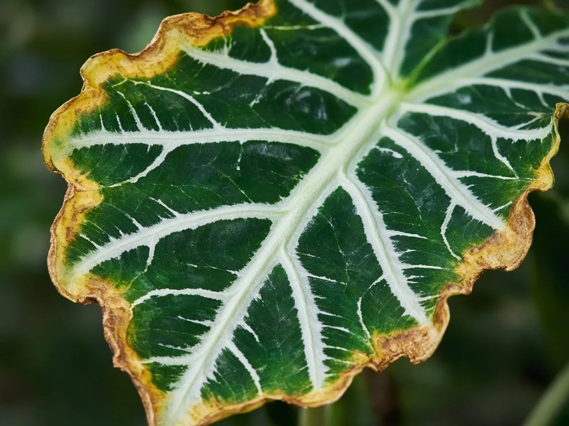 Close-up of yellow-tan scorch along the wavy outer margin of an older Alocasia Amazonica arrow leaf with bold white veining still visible in the green interior tissue