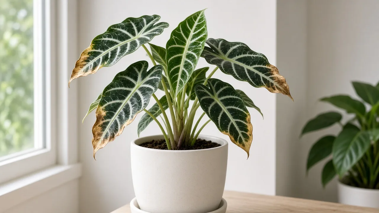 Potassium deficiency on Alocasia Amazonica - scorched margins on older lower arrow leaves with white veining