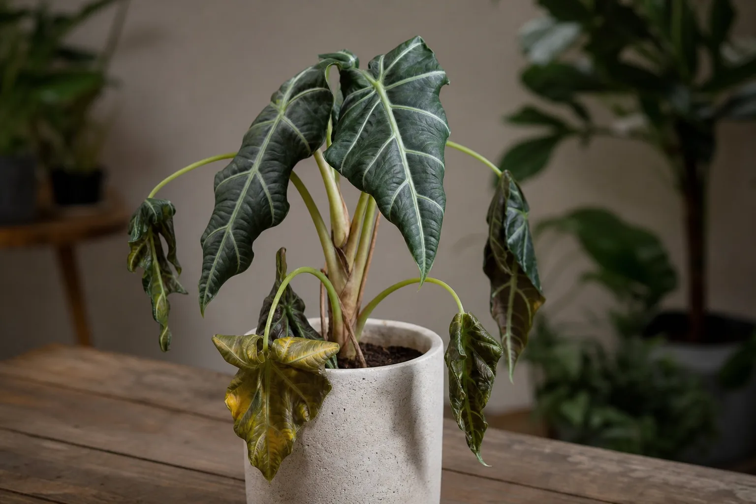 Root Rot on Alocasia Amazonica - visible symptom on the plant