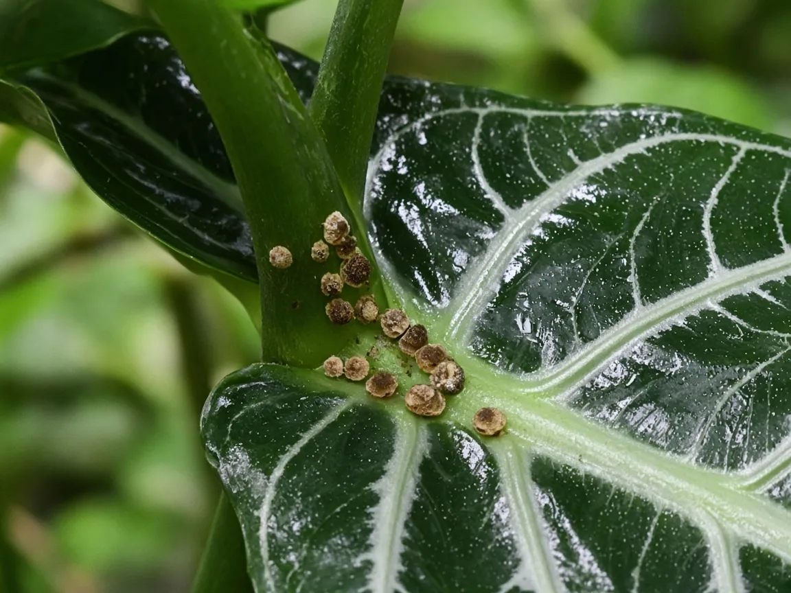 Close-up of tan scale insect bumps along the petiole base of a glossy arrowhead Alocasia Amazonica leaf