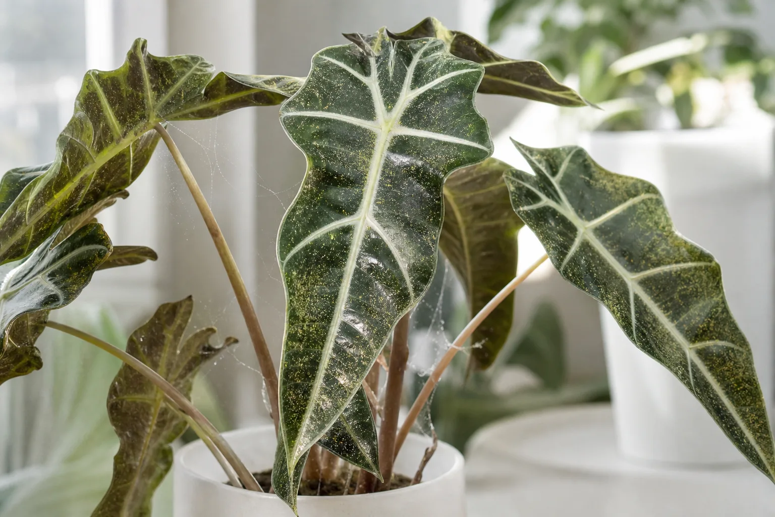 Spider Mites on Alocasia Amazonica - visible symptom on the plant