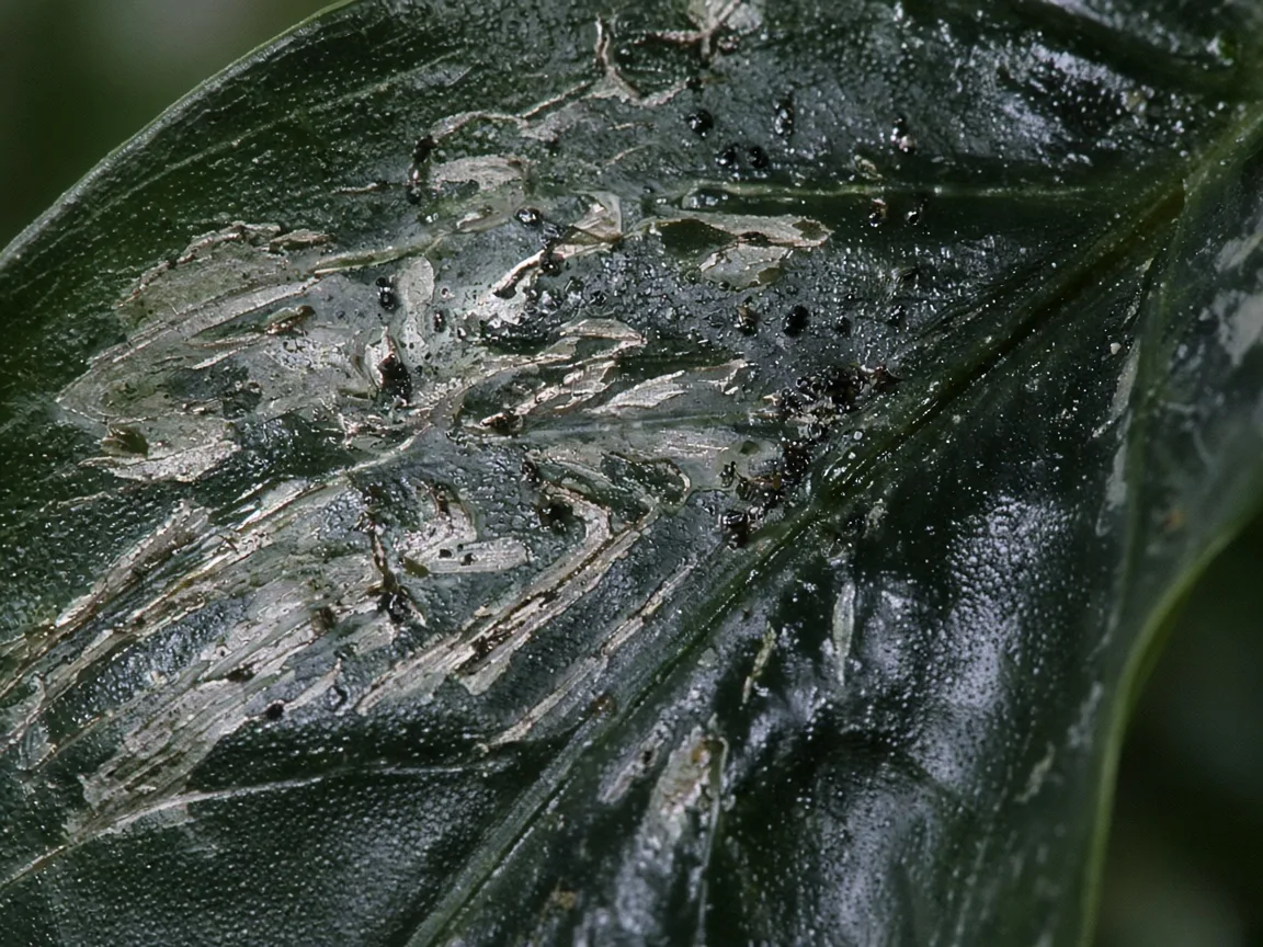 Close-up of thrips damage on Alocasia Amazonica - silvery streaks and black frass on a dark glossy arrowhead leaf