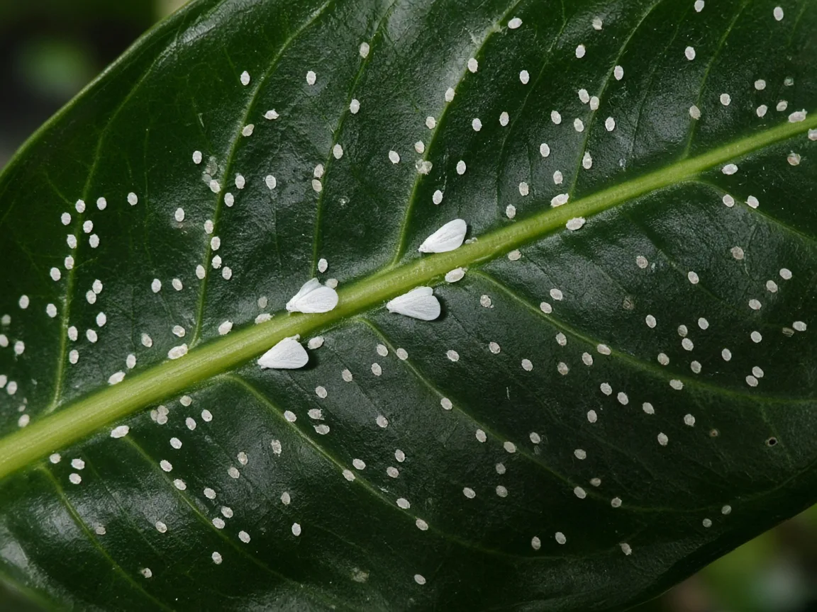 Close-up of whitefly nymph disks on the underside of an Alocasia Amazonica arrowhead leaf