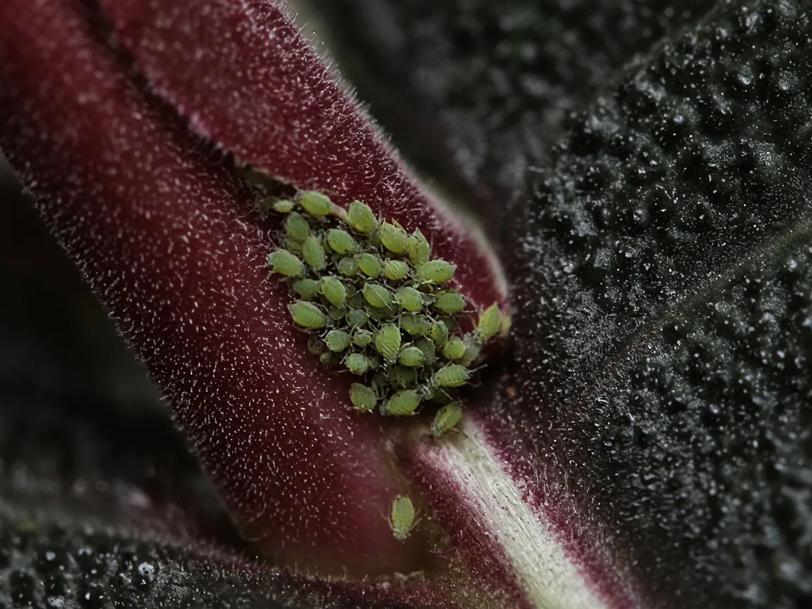 Close-up of soft green aphids clustered on the burgundy underside of an unfurling Alocasia Black Velvet leaf spear